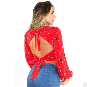 Olivaceous Memorable red floral crop top